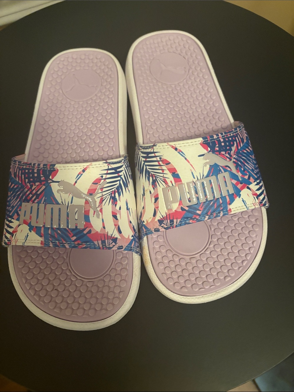 Puma Lilac Slide Sandals with Tropical Print Strap